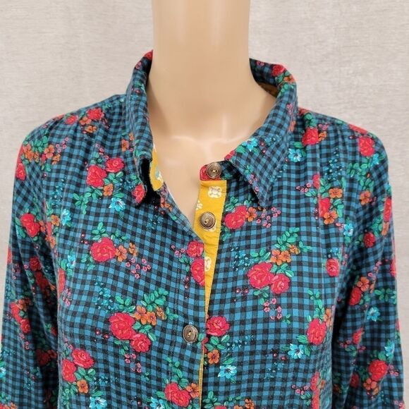 Matilda Jane Dark Teal Blsck Gingham and Floral Button Up Shirt Midi Dress - Picture 4 of 13